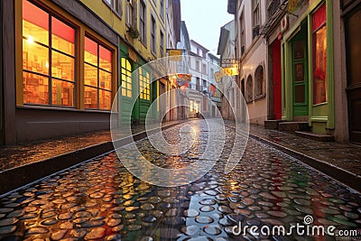 dew-covered cobblestones reflecting colorful storefronts Stock Photo