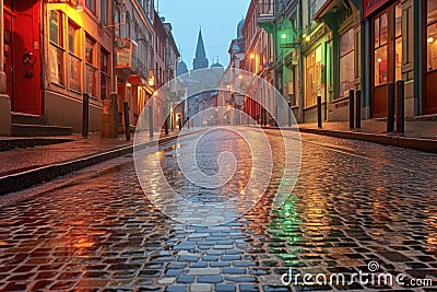 dew-covered cobblestones reflecting colorful storefronts Stock Photo