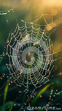 Dew-covered spider web glistening in the morning light Stock Photo