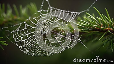 a dew covered spider web hanging from a pine tree branch Stock Photo