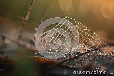 a dew covered spider web on a leaf in the sun Stock Photo