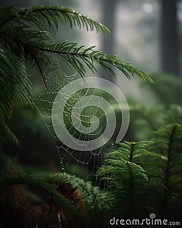 Dew covered spider web woven in a misty forest during morning light. Dew covered spider web on a forest background. Cartoon Illustration
