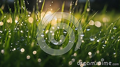dew drops on grass _a nature scene with green grass and water drops sparkling in the sunlight on a blurred background Stock Photo