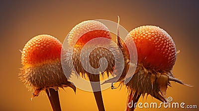 Dewy orange globe thistles standing against a warm sunset glow Stock Photo