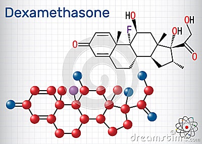 Dexamethasone molecule. This anti-inflammatory medication is a corticosteroid hormone glucocorticoid. Sheet of paper in a cage Vector Illustration