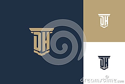 DH monogram initials logo design with pillar icon. Attorney law logo design Vector Illustration
