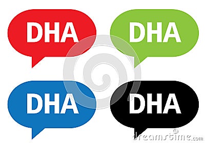 DHA text, on rectangle speech bubble sign. Stock Photo