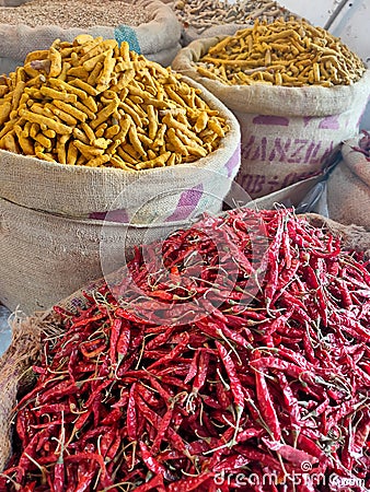 Dhaka, Bangladesh - 06 july 2020: Spice market. Colorful spices and herbs are displayed in a shop of a spice market Editorial Stock Photo