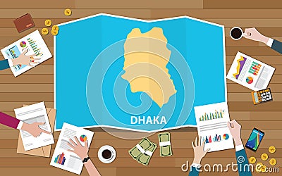 Dhaka dacca bangladesh city region economy growth with team discuss on fold maps view from top Cartoon Illustration