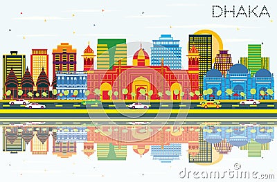 Dhaka Skyline with Color Buildings, Blue Sky and Reflections. Stock Photo