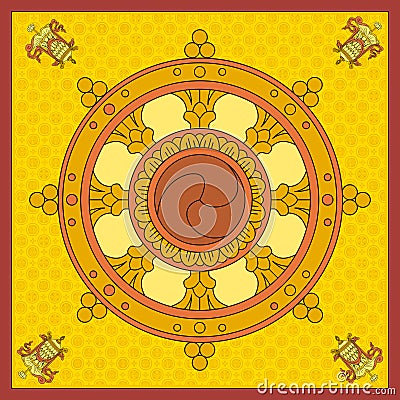 Dharma Wheel, Dharmachakra Icons. of in black and white design. Buddhism symbols. Symbol Buddha`s teachings on the path to enli Stock Photo