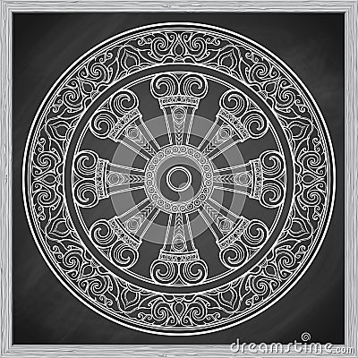 Dharma Wheel, Dharmachakra. Symbol of Buddha`s teachings on the path to enlightenment, liberation from the karmic Vector Illustration