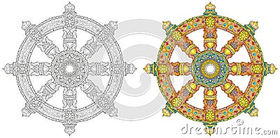 Dharma Wheel or dharmachakra, theach and walk to the path of Nirvana. Color and outline set Vector Illustration