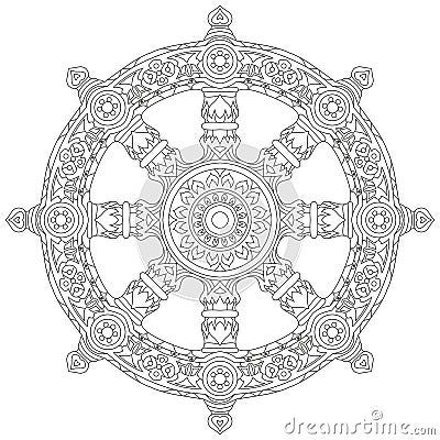 Dharma Wheel or dharmachakra, theach and walk to the path of Nirvana. For coloring Vector Illustration