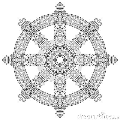 Dharma Wheel or dharmachakra, theach and walk to the path of Nirvana Vector Illustration