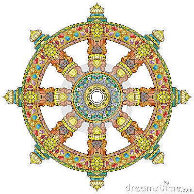 Dharma Wheel or dharmachakra, theach and walk to the path of Nirvana Vector Illustration