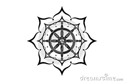 Dharma wheel logo icon. Buddhism sacred lotus flower symbol. Dharmachakra, eight petals. Vector illustration isolated on white Vector Illustration