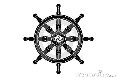 Dharma wheel logo icon. Buddhism sacred symbol. Dharmachakra. Vector illustration isolated on white background Vector Illustration