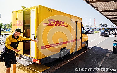 DHL Delivery van at Baden-Baden German airport Editorial Stock Photo