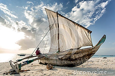 Dhow on beach on Zanzibar Island,Tanzania. Editorial Stock Photo