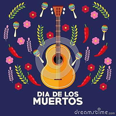 Dia de los muertos celebration poster with guitar and flowers Vector Illustration