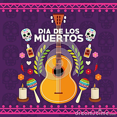 Dia de los muertos celebration poster with skulls couple and set icons Vector Illustration