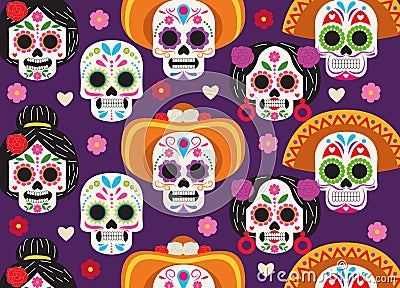 Dia de los muertos celebration poster with skulls heads group pattern Vector Illustration