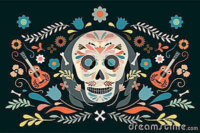 Dia de los muertos, Day of Dead decorative poster with skull and floral elements Vector Illustration