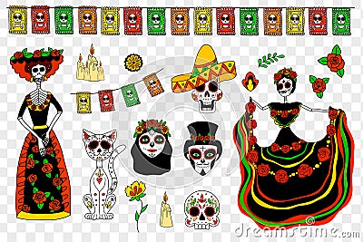 Dia de los muertos, Day of the dead Mexican symbols in doodle style. vector illustration Vector Illustration