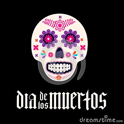 Dia de los Muertos fraktur font gothic lettering with sugar skull. Mexican holiday Day of the Dead typography poster. Vector Vector Illustration