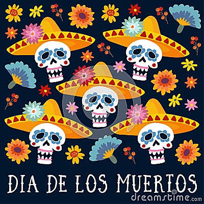 Dia de los Muertos greeting card, invitation. Mexican Day of the Dead. Decorative skulls with sombrero hat, mums Vector Illustration