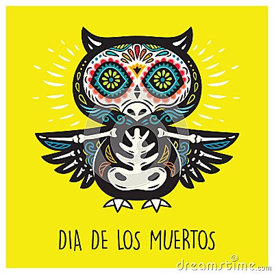 Dia De Los Muertos. Greeting card with sugar skull owls. Vector Illustration