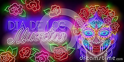 Dia de Los Muertos Greeting Card Template with Catrina Calavera. Day of the Dead Holiday Vector Illustration