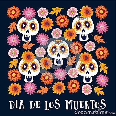 Dia de los Muertos or Halloween greeting card, invitation. Mexican Day of the Dead. Decorative Calavera catrina skulls Vector Illustration