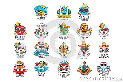 Dia De Los Muertos logo set, Mexican Day of the Dead holiday design elements can be used for party banner, poster Vector Illustration