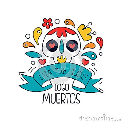 Dia De Los Muertos logo, traditional Mexican Day of the Dead design element with sugar festive skull, holiday party Vector Illustration
