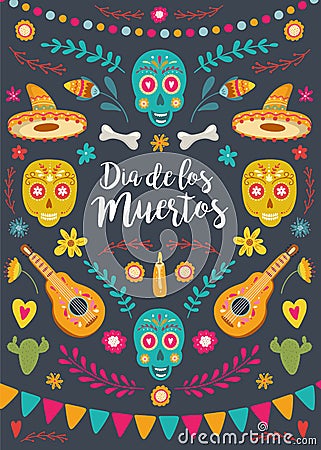 Dia de Los Muertos, Mexican Day of the Dead. Greeting card with hand drawn lettering Vector Illustration