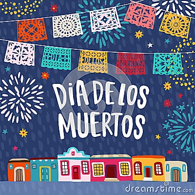 Dia de los Muertos, Mexican Day of the Dead greeting card, invitation. Latin American holiday. Garland of bunting cut Vector Illustration