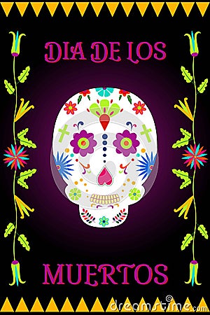 Dia de Los Muertos. Mexican Day of the Dead holiday. Vector illustration with skull and floral elements in ethnic Otomi embroidery Vector Illustration