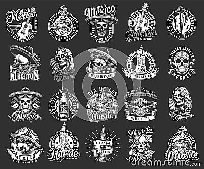 Dia De Los Muertos monochrome emblems Vector Illustration