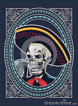 Dia de los muertos poster with mariachi skull singing with microphone square frame Vector Illustration