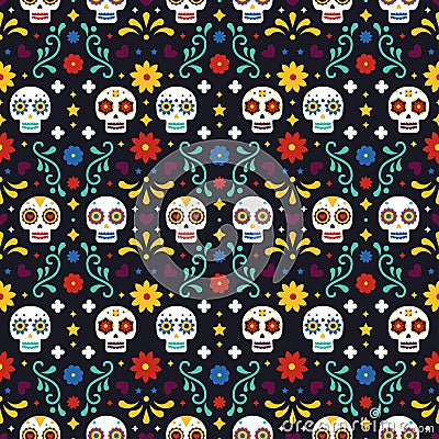 Dia De Los Muertos seamless pattern with skulls and flowers on black background. Traditional mexican Halloween design Vector Illustration