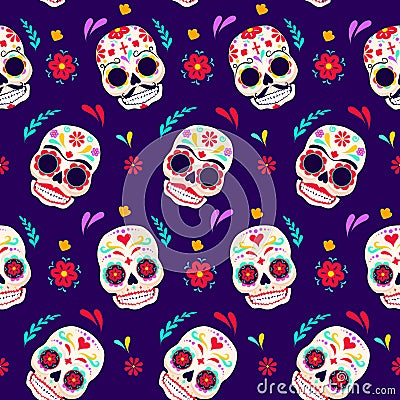 Dia de los muertos seamless vector pattern. The main symbols of the holiday on the dark background. Vector Illustration