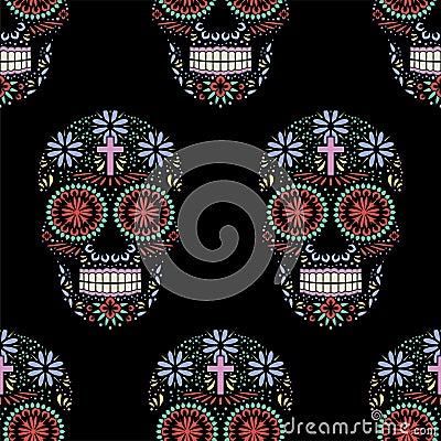 Seamless pattern with ornamented skulls on a black background Vector Illustration