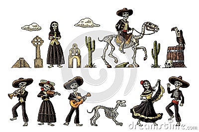 Dia de los Muertos. The skeleton in Mexican national costumes Vector Illustration