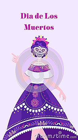 Dia de Los Muertos - social media vertical template. Dancing Catrina on the plain background and text Vector Illustration
