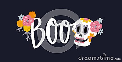 Dia de Los Muertos web banner. Mexican Day of the Dead, Halloween greeting card, invitation. Ornamental skull decor Vector Illustration