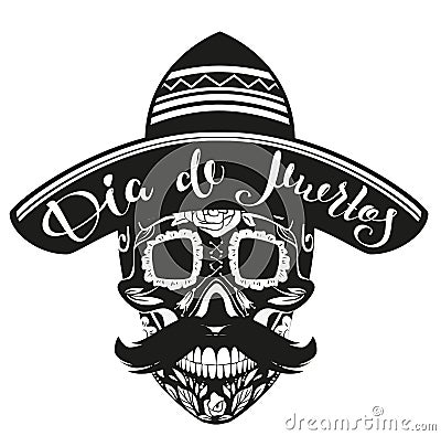 Dia de Muertos Day of Dead. Black Skull in Mexican Hat Vector Illustration