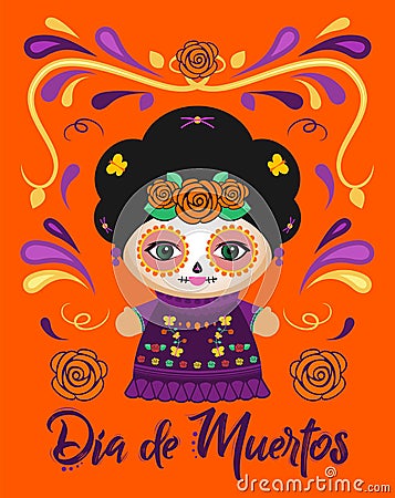 Dia de Muertos, Day of the Dead Spanish text Classic Mexican Catrina Doll and ornaments. Vector Illustration