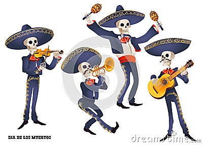 Dia de Muertos. Mariachi band musician of skeletons. Mexican tradition. Vector Illustration